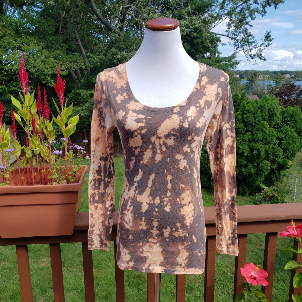 Tee Long Sleeved Tie Dye Grey Cream Sz M Bleach Reverse - Picture 4 of 12